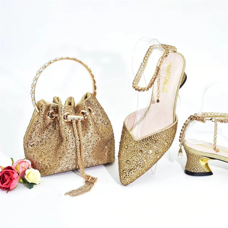 Fashion Pointed Toe Rhinestone Backless Chain Handbag Set With Rhinestone Embellishments, -Selling Elegant Sequins - Image 1